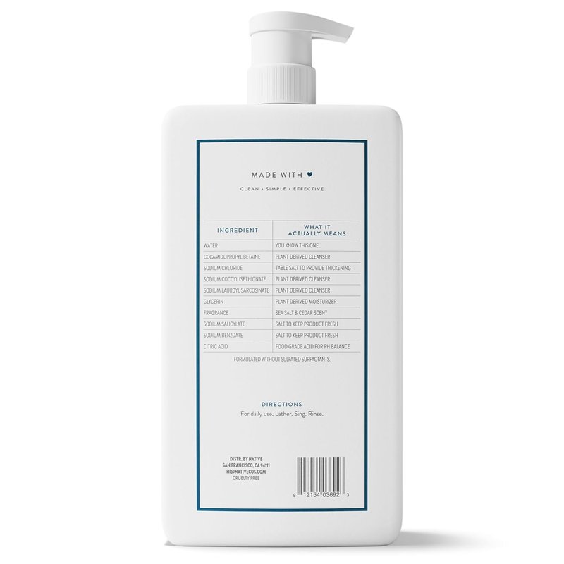 Native Body Wash - Sea Salt & Cedar Scent | 36 oz Pump Bottle, Sulfate-Free & Gentle for All Skin Types