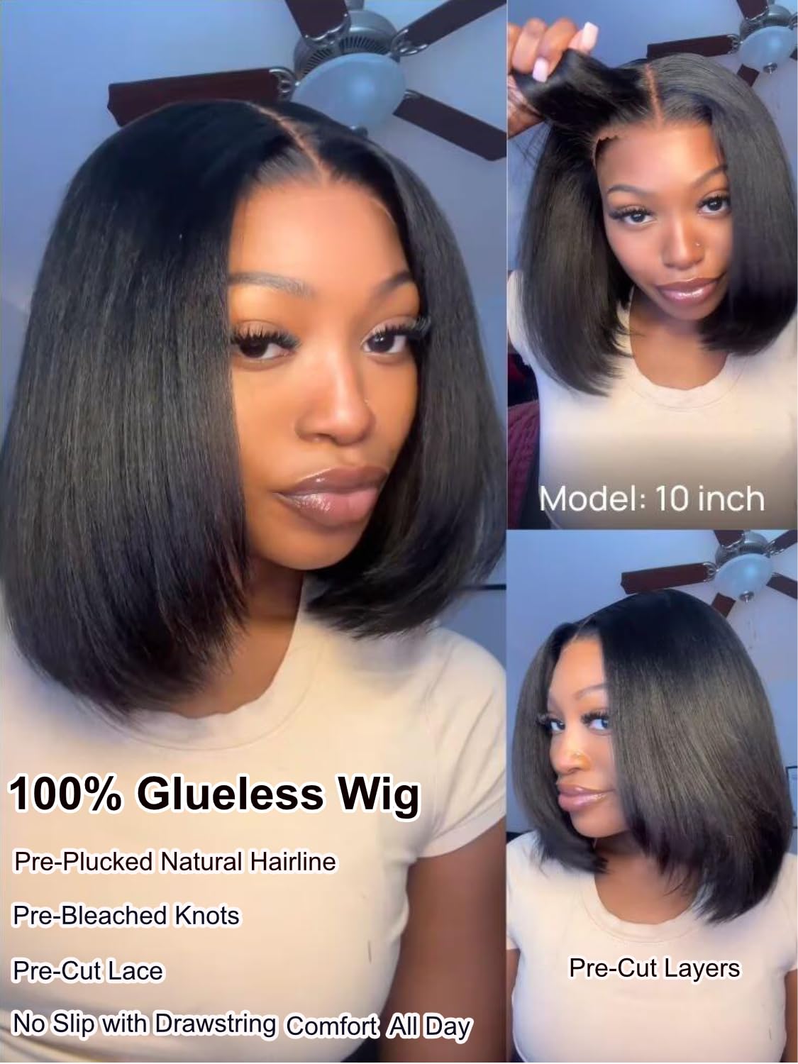 UNICE 7X5 Lace Part Bob Wig Human Hair Bye Bye Slip Glueless Wig with Silicone Strips & Drawstring Yaki Straight Layered Cut with Face Framing Layers 180% Density Bleached Knots Pre Plucked 10inch