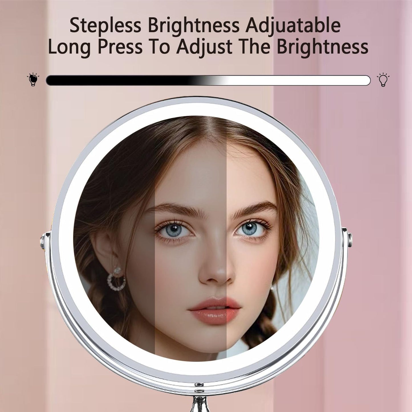 Makeup Mirror with Lights ，8 Inch 1X/10X Rechargeable Double Sided Magnifying, 360° Rotation LED HD Mirror with 3 Colors，Brightness Adjustable, Gifts for Women & Men