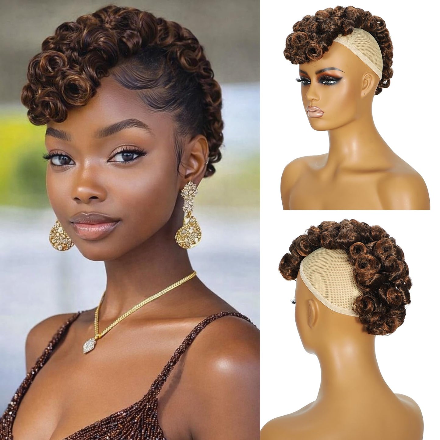 Kinky Curly Mohawk Wig - Short Synthetic Clip-On Ponytail Extension with Bangs | Fluffy Natural Hair for Daily & Party Use - Color 1B
