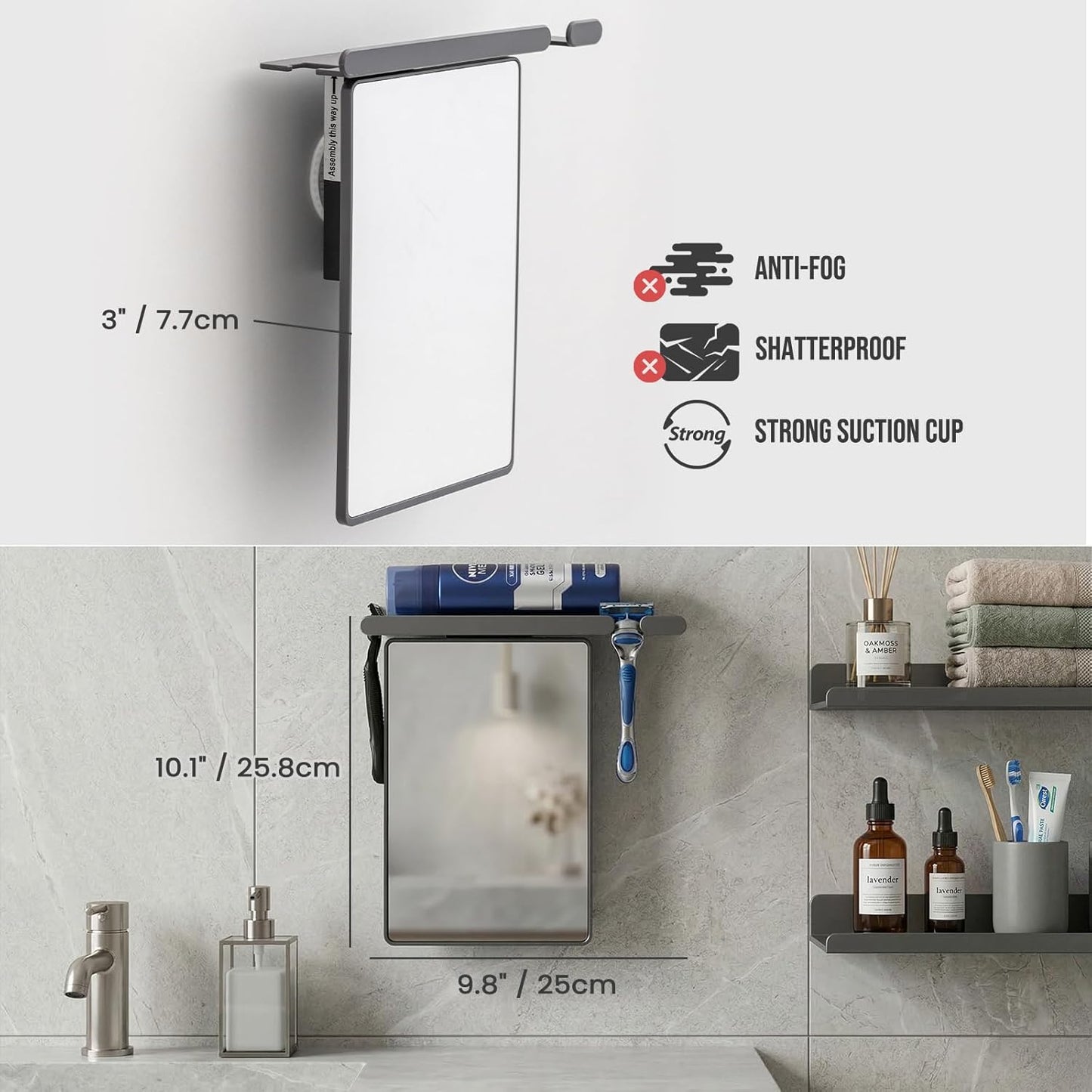 Fogless Shower Mirror for Shaving - Anti-Fog, Wall-Mounted with Powerful Suction | Shatterproof, Grey