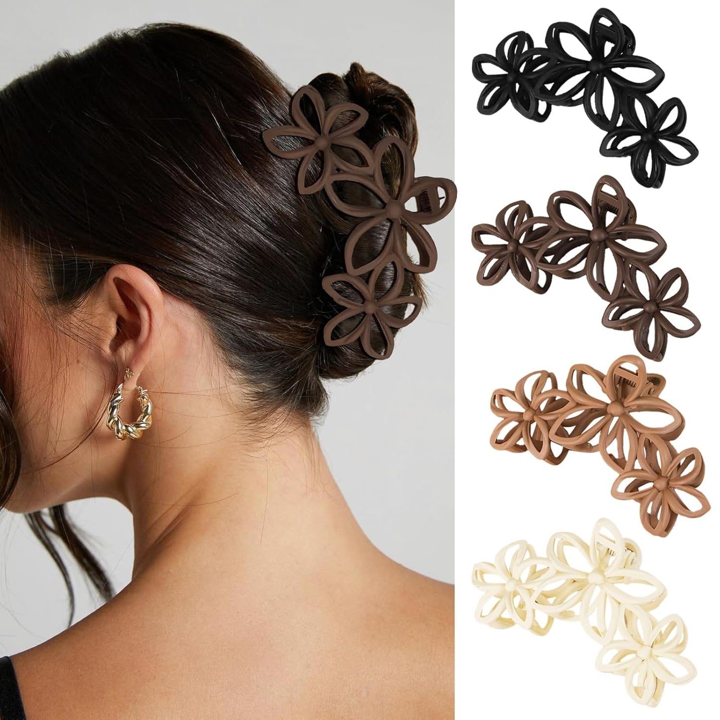 Large Matte Claw Hair Clips for Women - 4Pcs Hawaiian Plumeria Flower Design | Non-Slip Strong Hold Beach Accessories