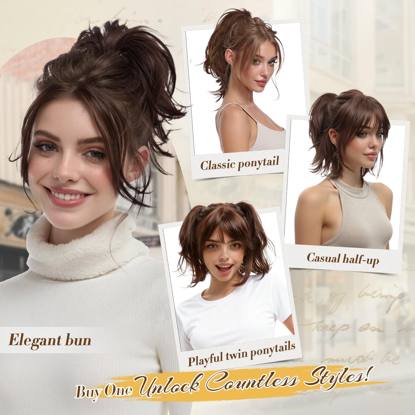 FESHFEN Claw Clip Short Ponytail Extensions - DIY Bendable Metals Fluffy Messy Bun Hair Piece Straight Synthetic Hairpieces Ponytail Extension for Women, Mix Brown