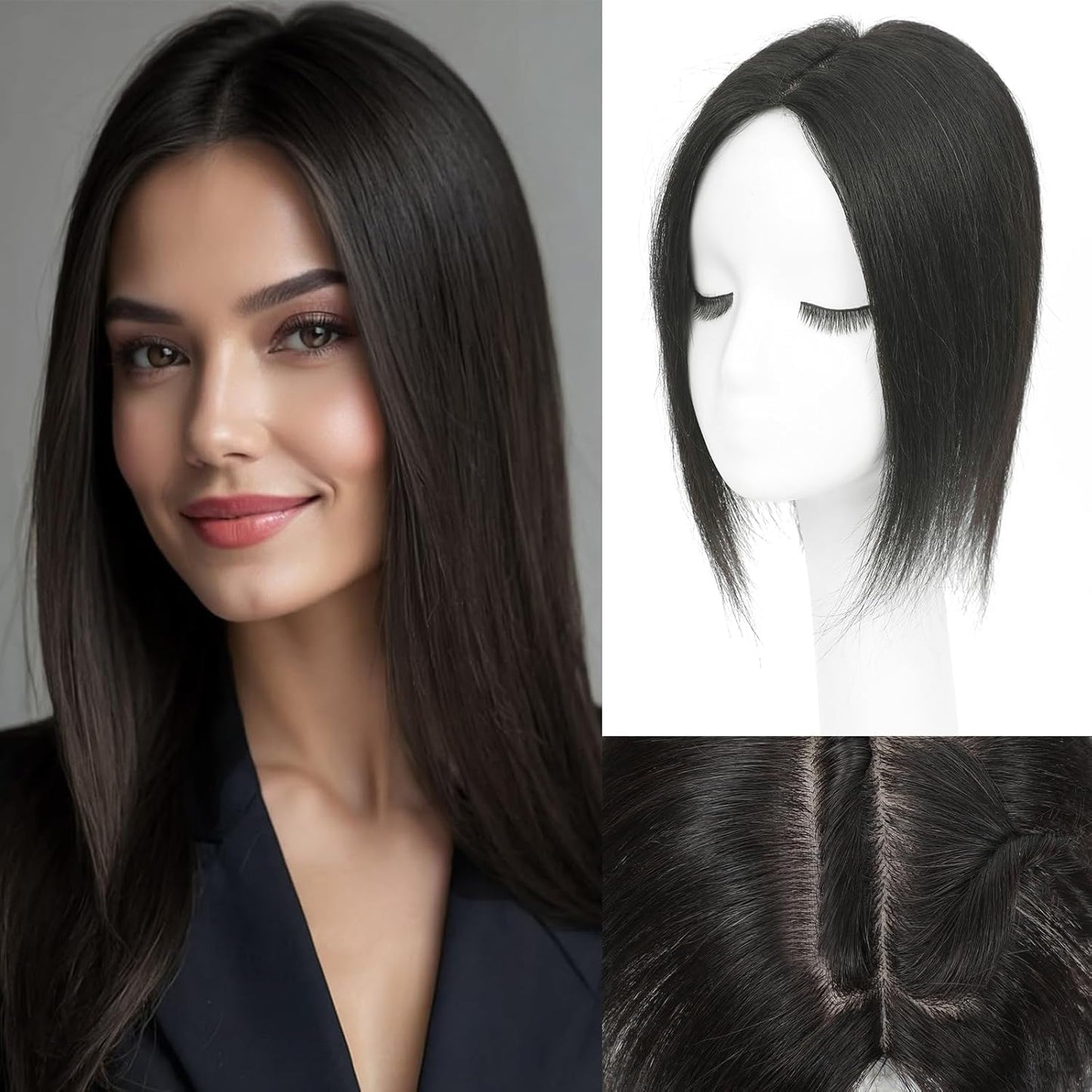 Hair Toppers for Women - Real Human Hair 14 Inch Clip-In Scalp Pieces | Dark Brown, 360° Coverage