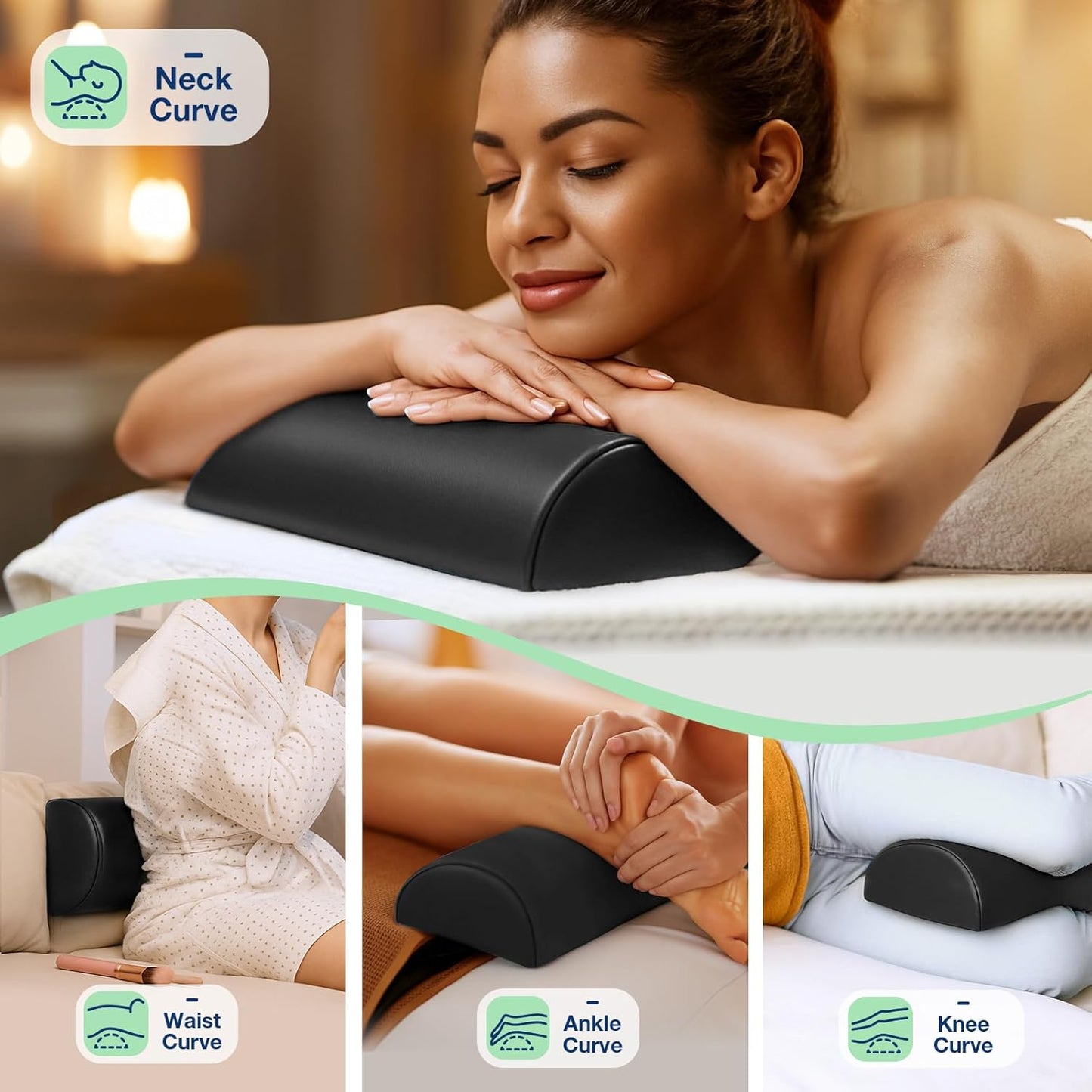 Half Round Massage Table Bolster Pillow - PU Leather Neck & Knee Pain Relief | 17 x 6 x 4 in