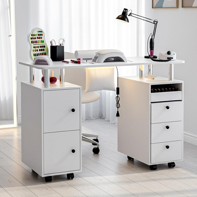 Nail Tech Table with Dust Collector & LED Light - Rolling Manicure Desk with Storage Drawers & Lockable Wheels | Acetone-Resistant Beauty Workstation (White)