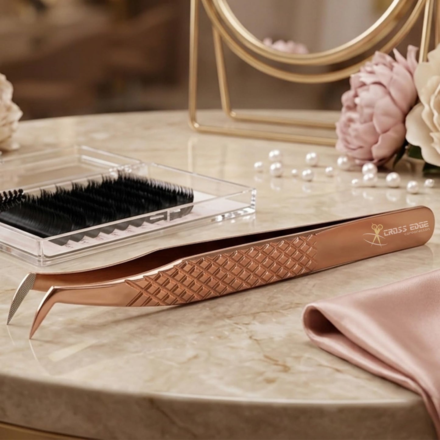 Fiber Tip Lash Tweezer for Eyelash Extensions — 12cm Volume Lash Tweezer for Volume Fan Application | Lightweight Stainless Steel, Rose Gold Finish | Cross Edge Corporation Lash Artist Tool