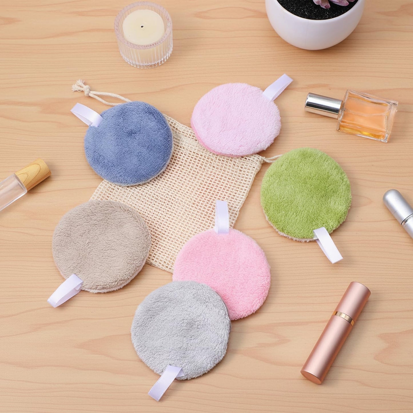 HJZHII 8 Pcs Reusable Makeup Remover Pads, Soft Coral Fleece Round Cotton Pad Washable Face Pads with Mesh Storage Bag for Women Eye Shadow Facial Skincare