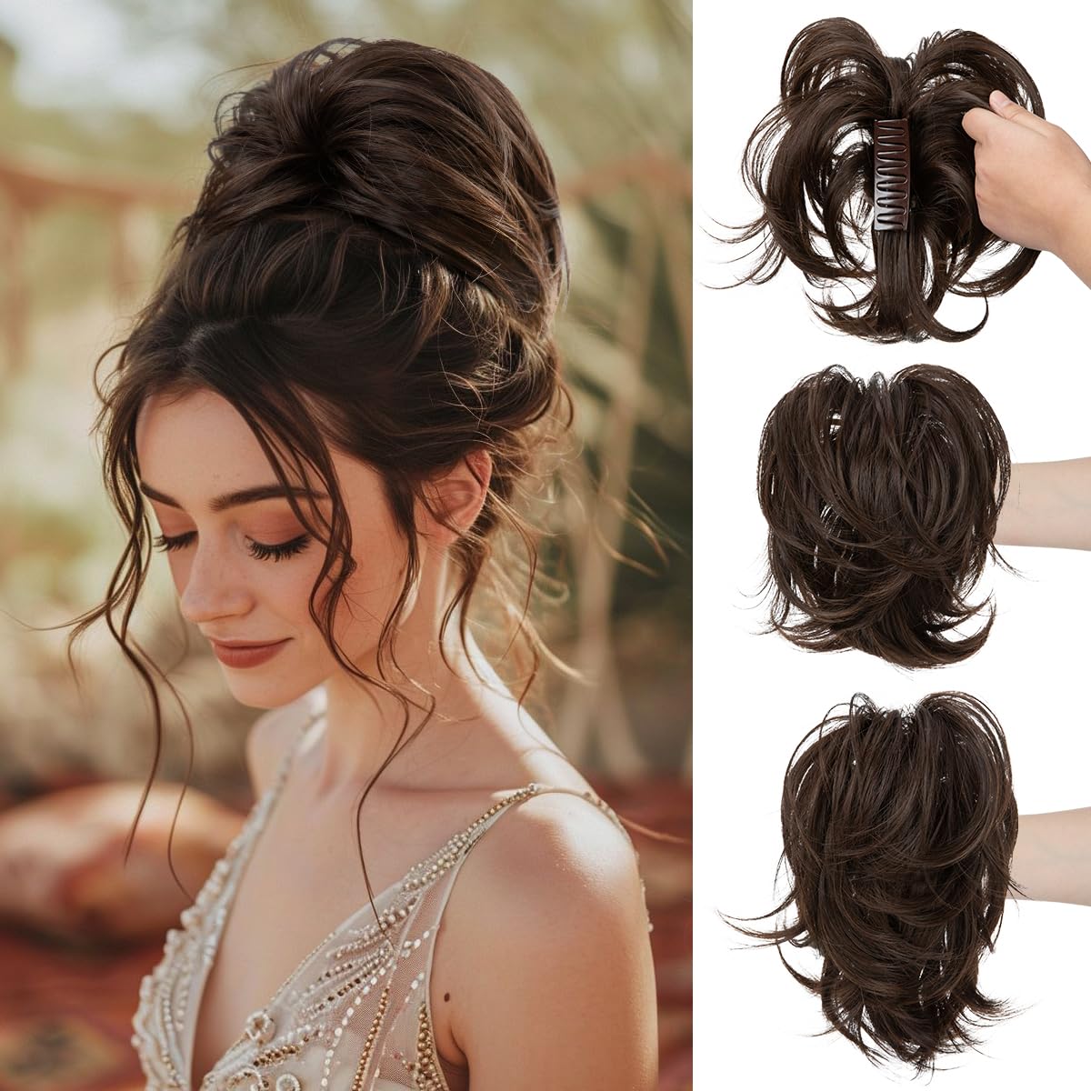 CJL Hair Claw Clip Short Ponytail Extensions - Bendable Metal Messy Bun Piece | Wavy Curly Synthetic Hair, Ash Grey