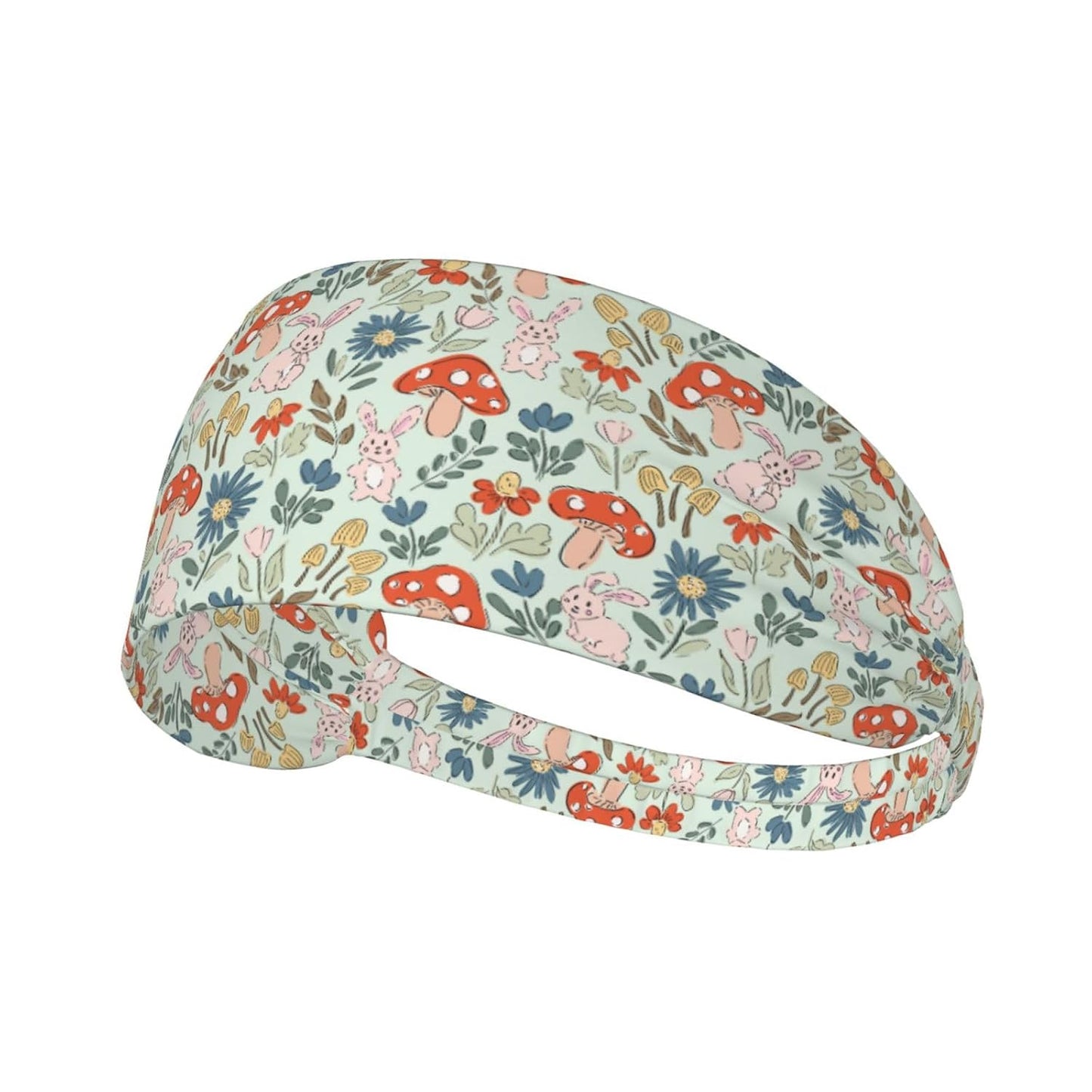 Mushroom Bunny Floral Print Headband - Light Blue Elastic Hair Band for Women | Daily Wear & Yoga