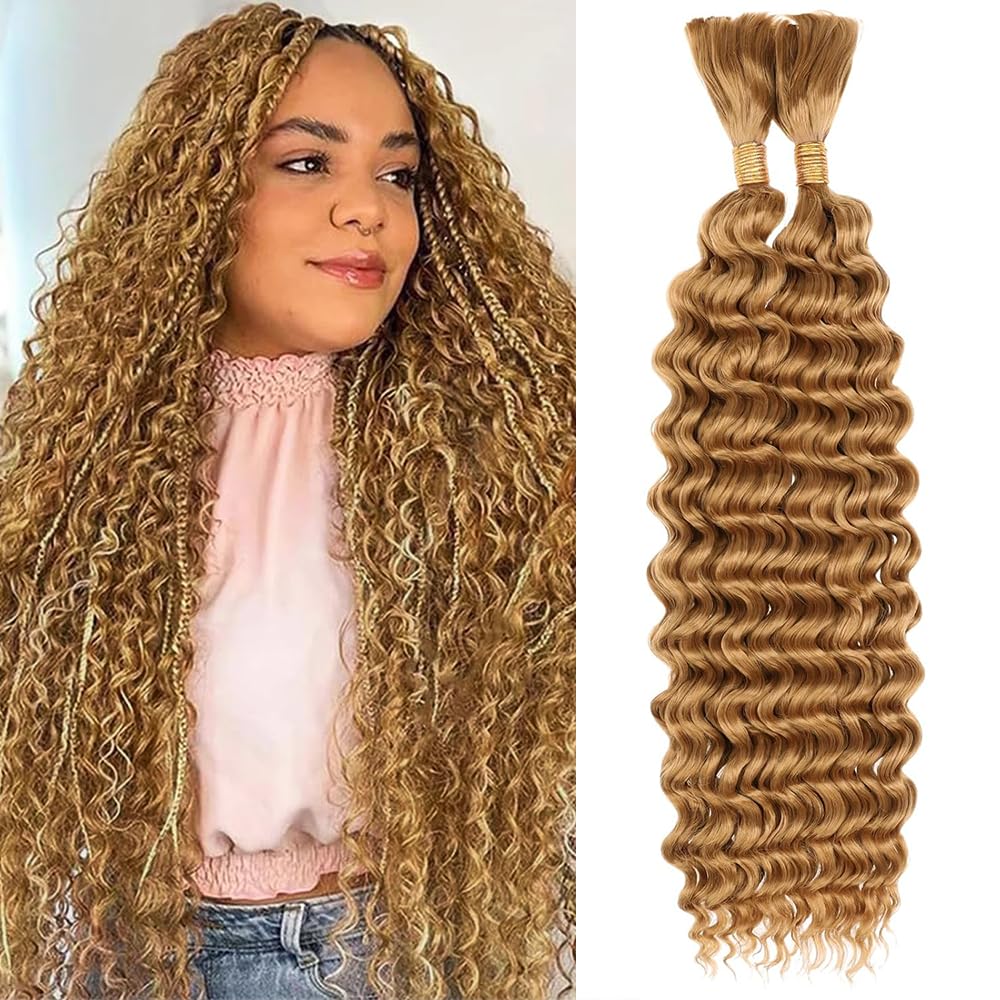 GveoXvo 27 Boho Hair For Braiding Deep Wave Human Braiding Hair 110g 26 Inch Honey Blonde Deep Wave Braiding Hair for Bohemian Knotless Braids No Weft 2 Braids