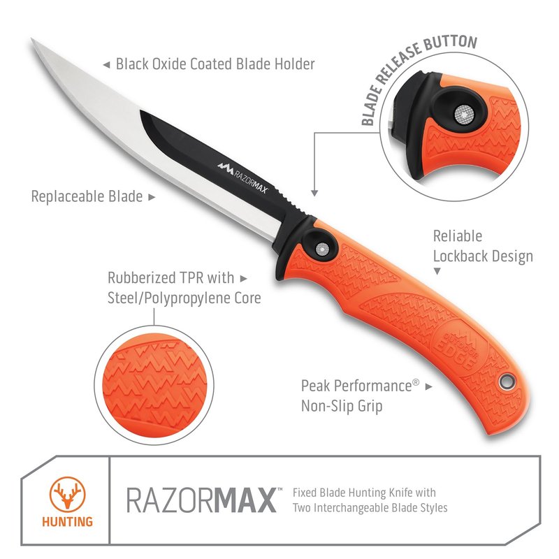 OUTDOOR EDGE RazorMax - Replaceable Fixed Blade Hunting Knife with 3.5" Drop-Point, 5" Boning/Fillet Blades, Belt Sheath and Detachable Blade Carrier (Orange, 6 Blades)