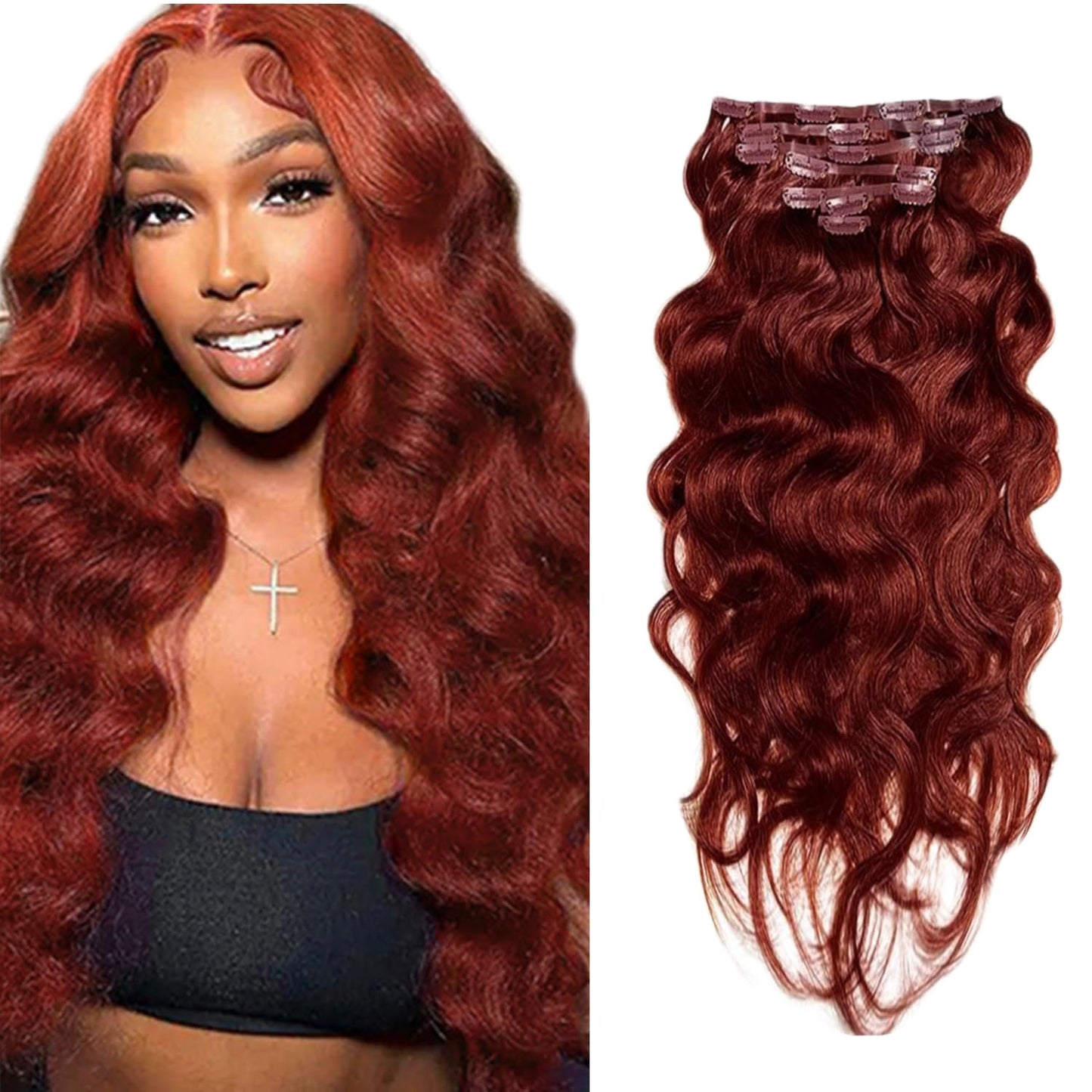 #33 Reddish Brown Clip in Hair Extensions Real Human Hair, 16 Inch 120g/7Pcs,Full Shine Remy Human Hair,Copper Red Long Wave Clip ins Brazilian Virgin Human Hair Extensions