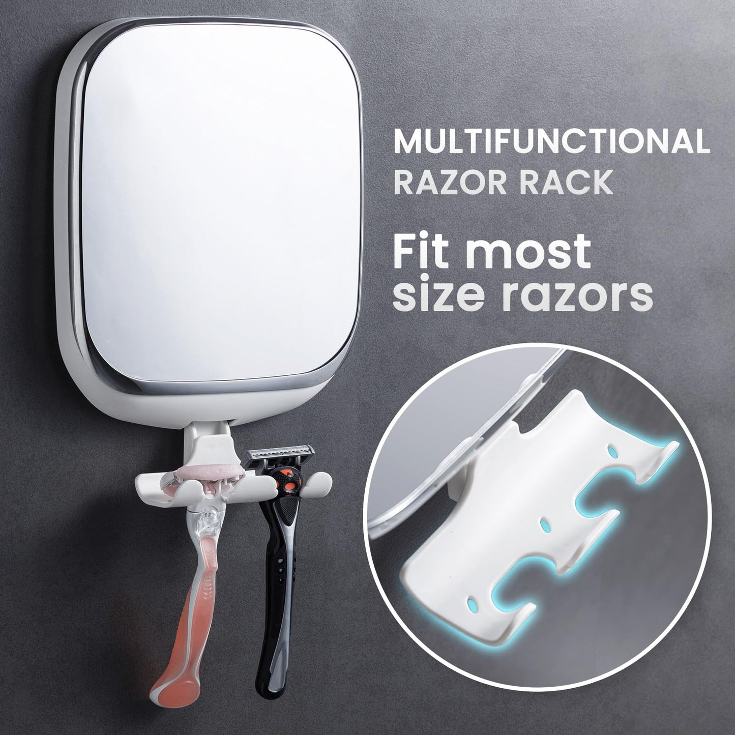 TAILI Shower Mirror Fogless with Razor Holder, Anti Fog Bath Mirror with Powerful Suction No-Drilling, Removable, Shatterproof, Wall Mounted