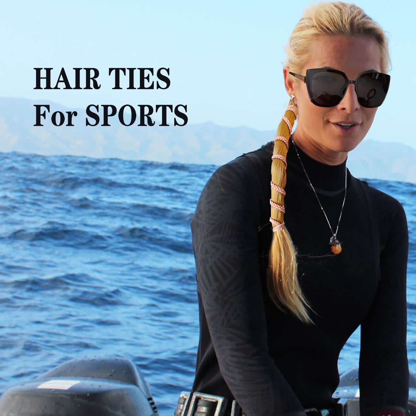 2 Packs (1PC 16"+1PC 25") Aqua Hair Ties No Hooks for Women, Elastic Strong Hair Bands for Long Thick Curly Hair Ponytails Holders for Swim Diving Motorcycle Rides Skiing Surf