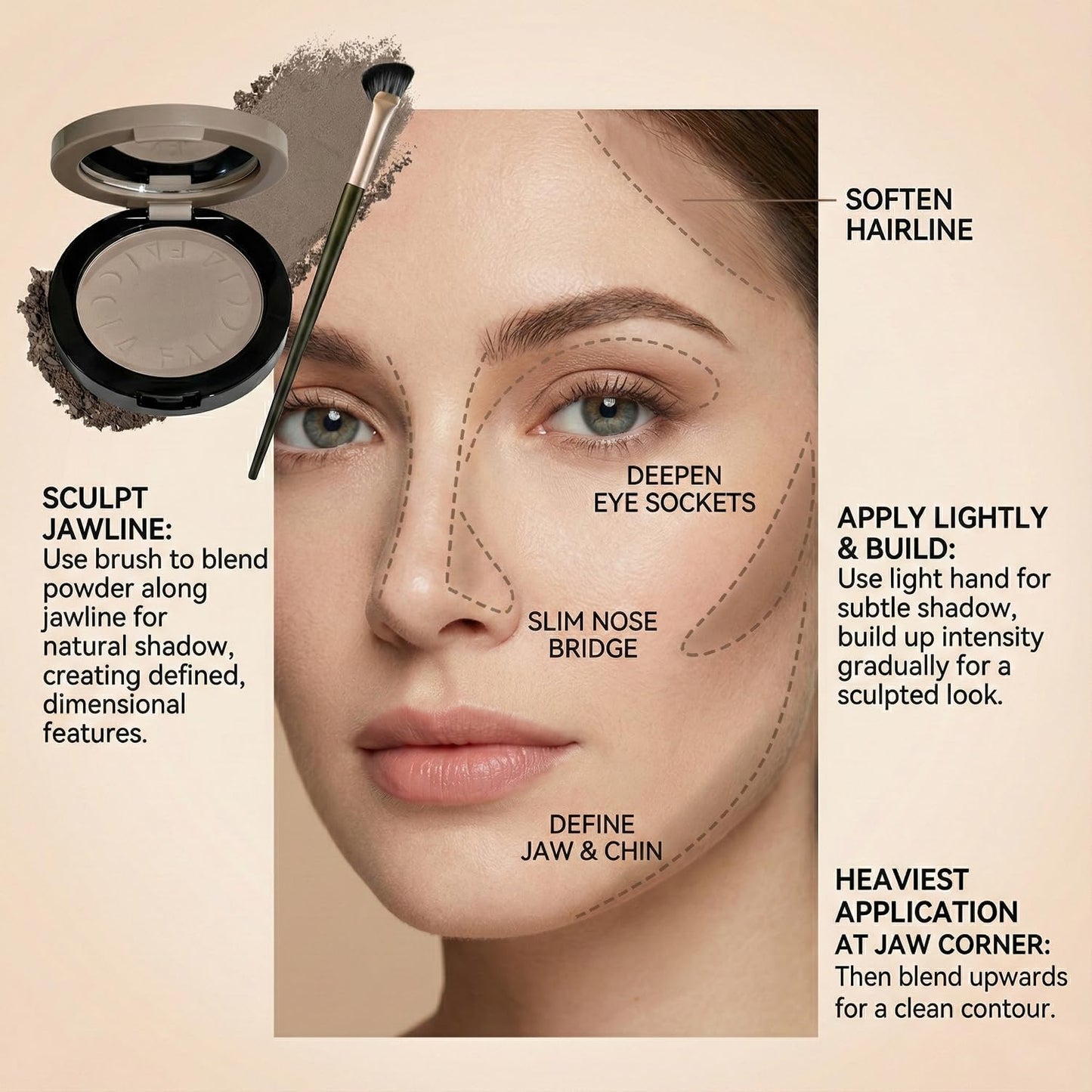 Cool-Toned Grey Contour Powder Palette with Mirror & Makeup Brush Set – Long-Lasting Taupe Matte Finishing for Fair Pale Skin, Multi-Purpose Nose & Face Sculpting Kit, Travel-Friendly Compact