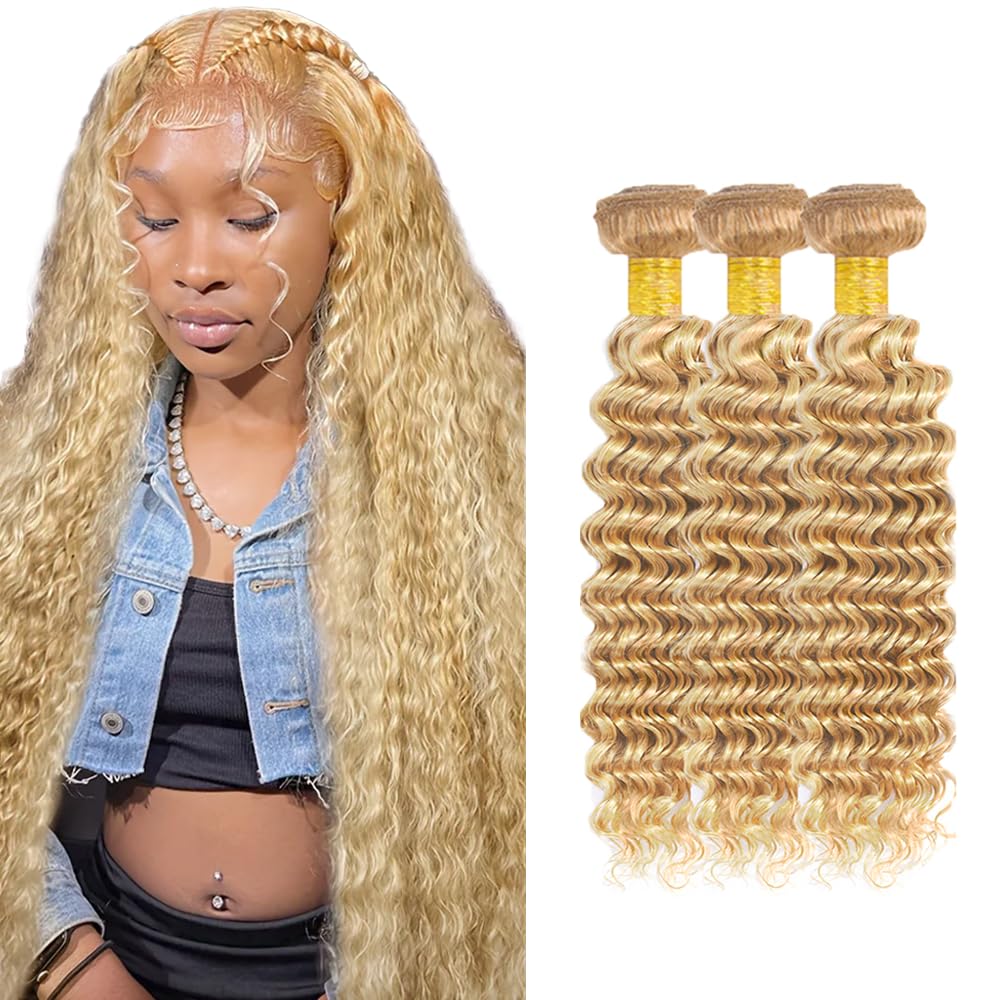 26 28 30 inch Honey Blonde Bundles 613 Deep Wave Bundles Human Hair Blonde Bundle Two Tone 613 and 27 Bundle 300g