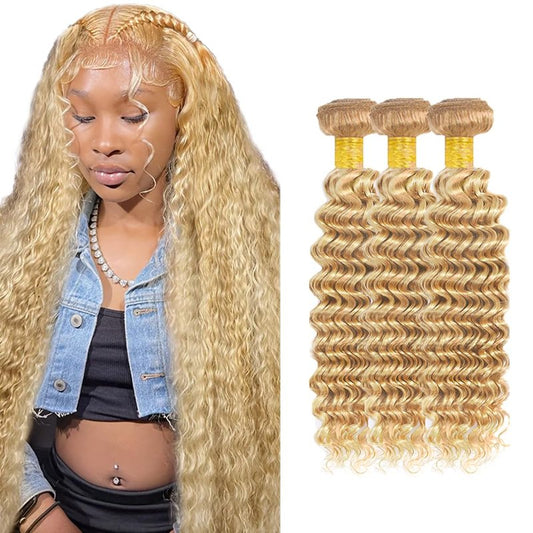 26 28 30 inch Honey Blonde Bundles 613 Deep Wave Bundles Human Hair Blonde Bundle Two Tone 613 and 27 Bundle 300g