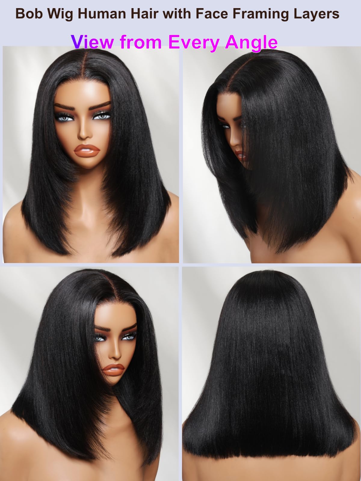 UNICE 7X5 Lace Part Bob Wig Human Hair Bye Bye Slip Glueless Wig with Silicone Strips & Drawstring Yaki Straight Layered Cut with Face Framing Layers 180% Density Bleached Knots Pre Plucked 10inch
