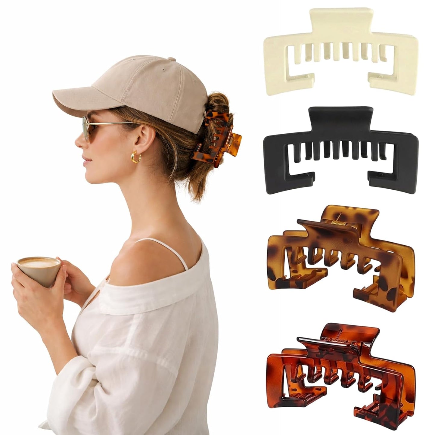 Hat-Friendly Claw Clips - 4 Piece Tortoise Shell Set for Women | Adjustable Non-Slip Hold for Baseball Caps & Trucker Hats