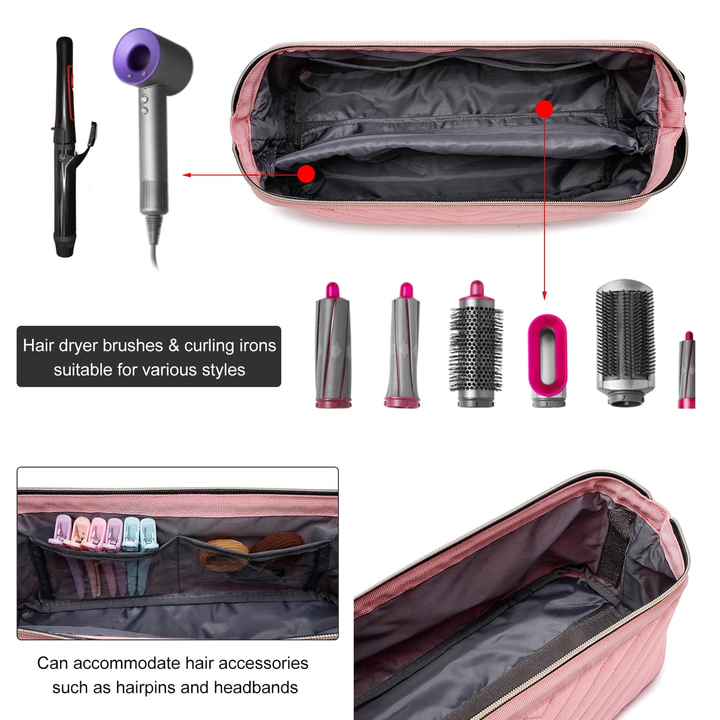 Hair Tools Travel Bag for Shark Flexstyle Dyson, Quilted Case Organizer Bag, Gift for Women Hair Accessories Storage Bag, Travel Hairdryer Portable Bag for Women, Pink