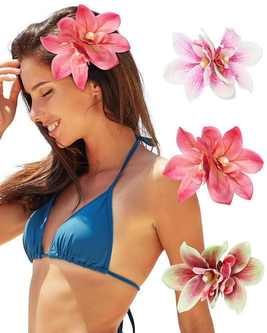 Hawaiian Flower Hair Clips - 3 PCS Artificial Orchid Barrettes for Weddings & Beach Parties | Pink, Rose, Green