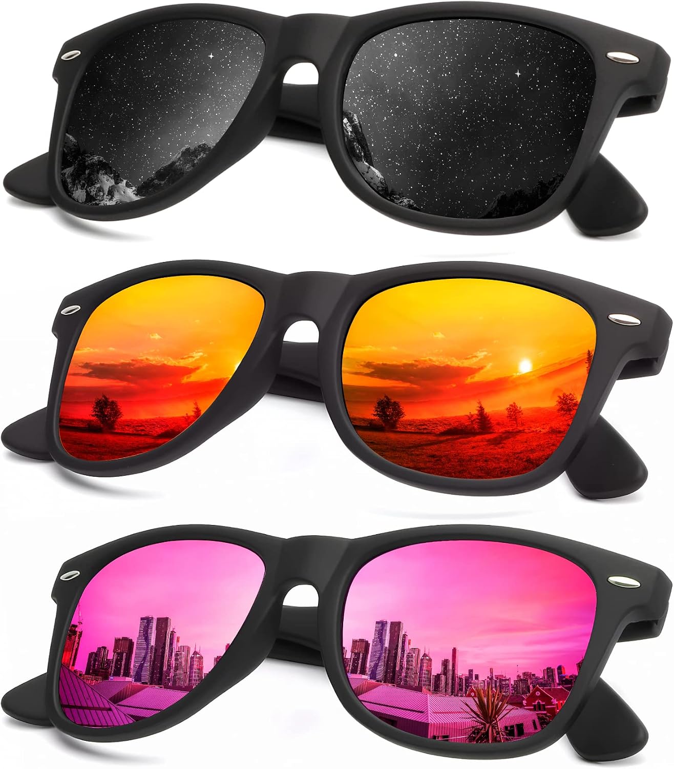 KALIYADI Polarized Sunglasses - Matte Finish, UV Blocking, Color Mirror Lenses | 3-Pack for Men & Women