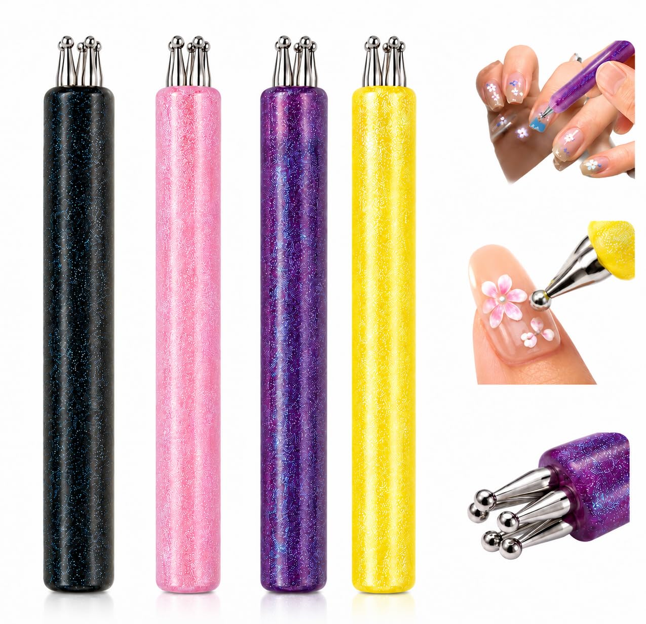 4 Pack 5 Petal Flower Nail Dotting Pen, 1.8mm Fine Tip One Stroke Flower Design Tool, Glitter Handle Nail Art Dotting Tool for DIY Manicure, Rhinestones, Sculpting, Salon