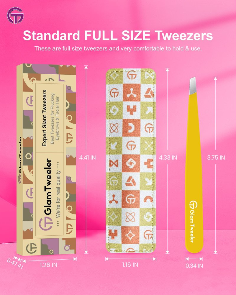 Expert Eyebrow Hair Removal Tweezer with Leather Case, GlamTweeler High Precision Slant Tip Stainless Steel Tweezers for Men and Women (Chartreuse Yellow)