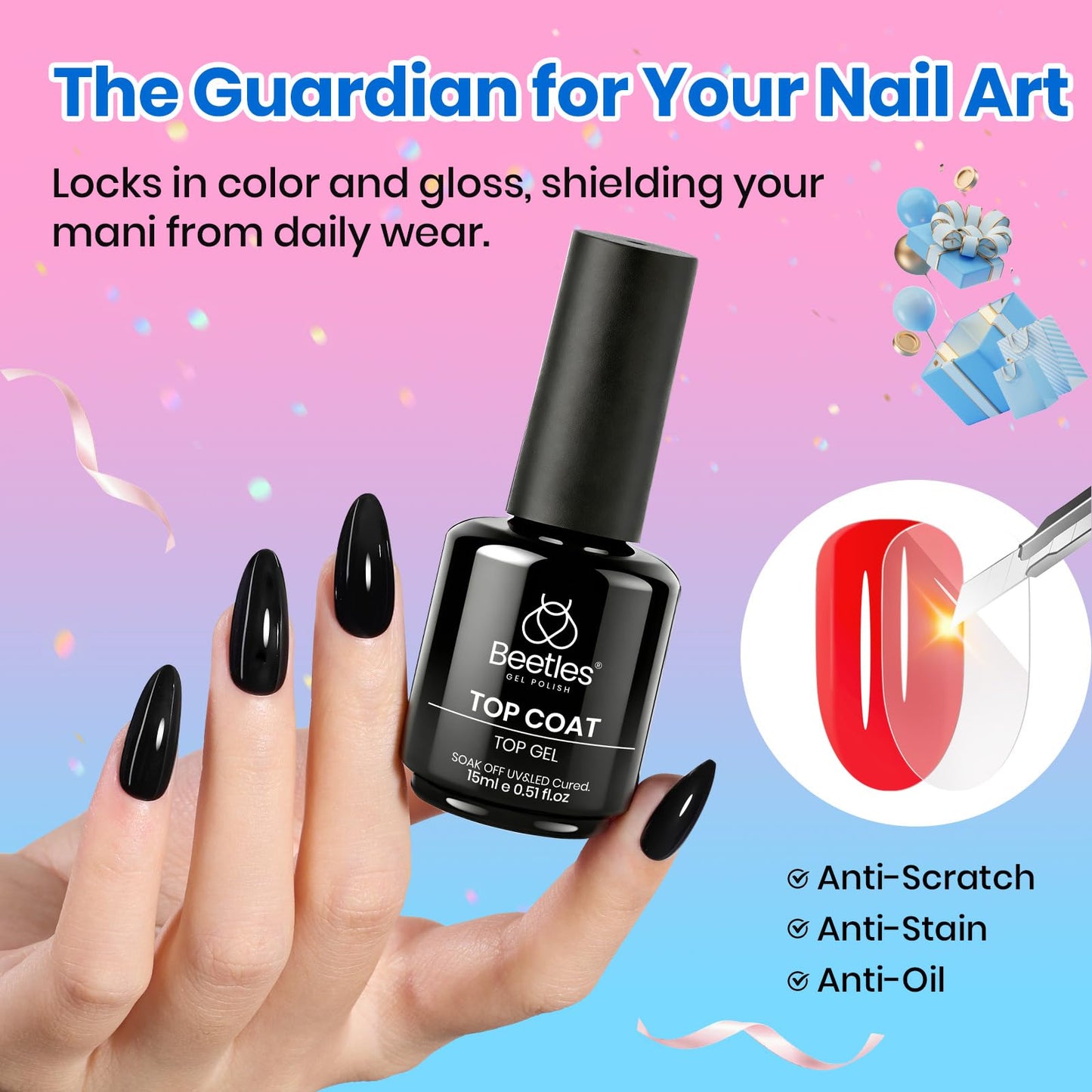 Beetles 2 Pcs 15ml No Wipe Gel Top Coat and Base Coat Set - Shine Finish and Long Lasting Soak Off LED Nail Lamp Gel Base Top Coat Stay Lock Shine Duo Finish Nail Art Design Manicure Gifts for Women