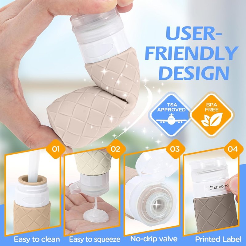 Travel Bottles Set - 16 Pack TSA Approved BPA-Free Silicone Containers | Leak-Proof Refillable Jars with Clear Bag (Cream)