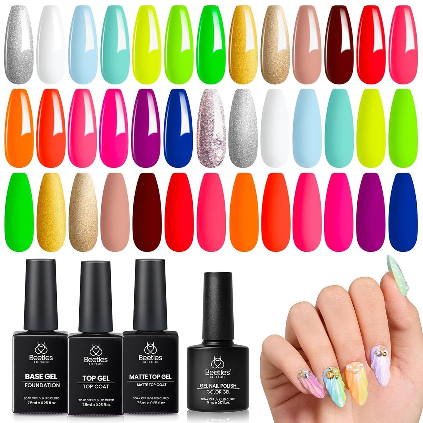 Beetles Neon Gel Nail Polish Set - 20 Vibrant Summer Colors | Includes Base & Top Coat, Soak Off UV Manicure Gift for Women