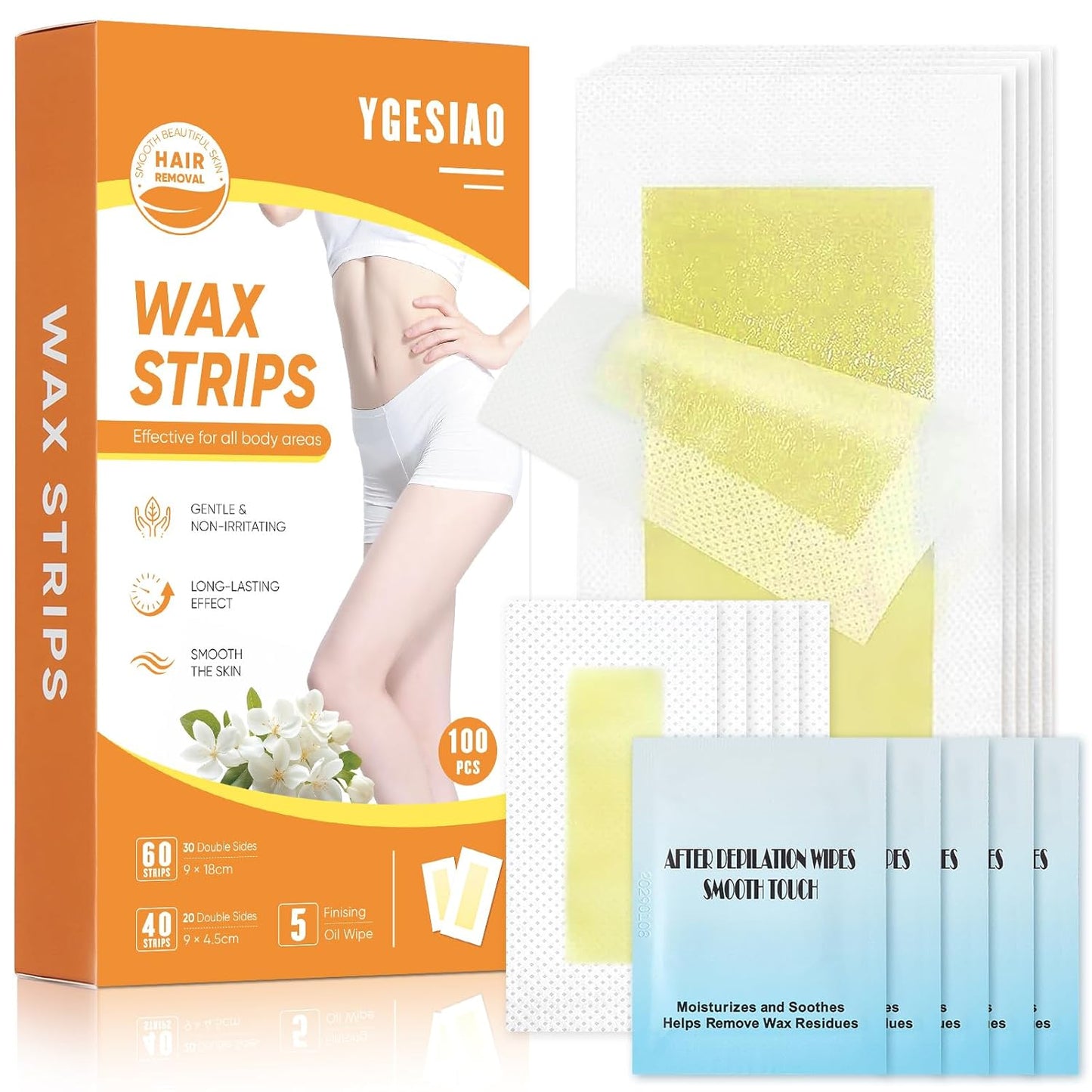 Wax Strips for Hair Removal - 100 PCS Body & Facial Waxing Kit with 5 Soothing Oil Wipes | Gentle for Sensitive Skin
