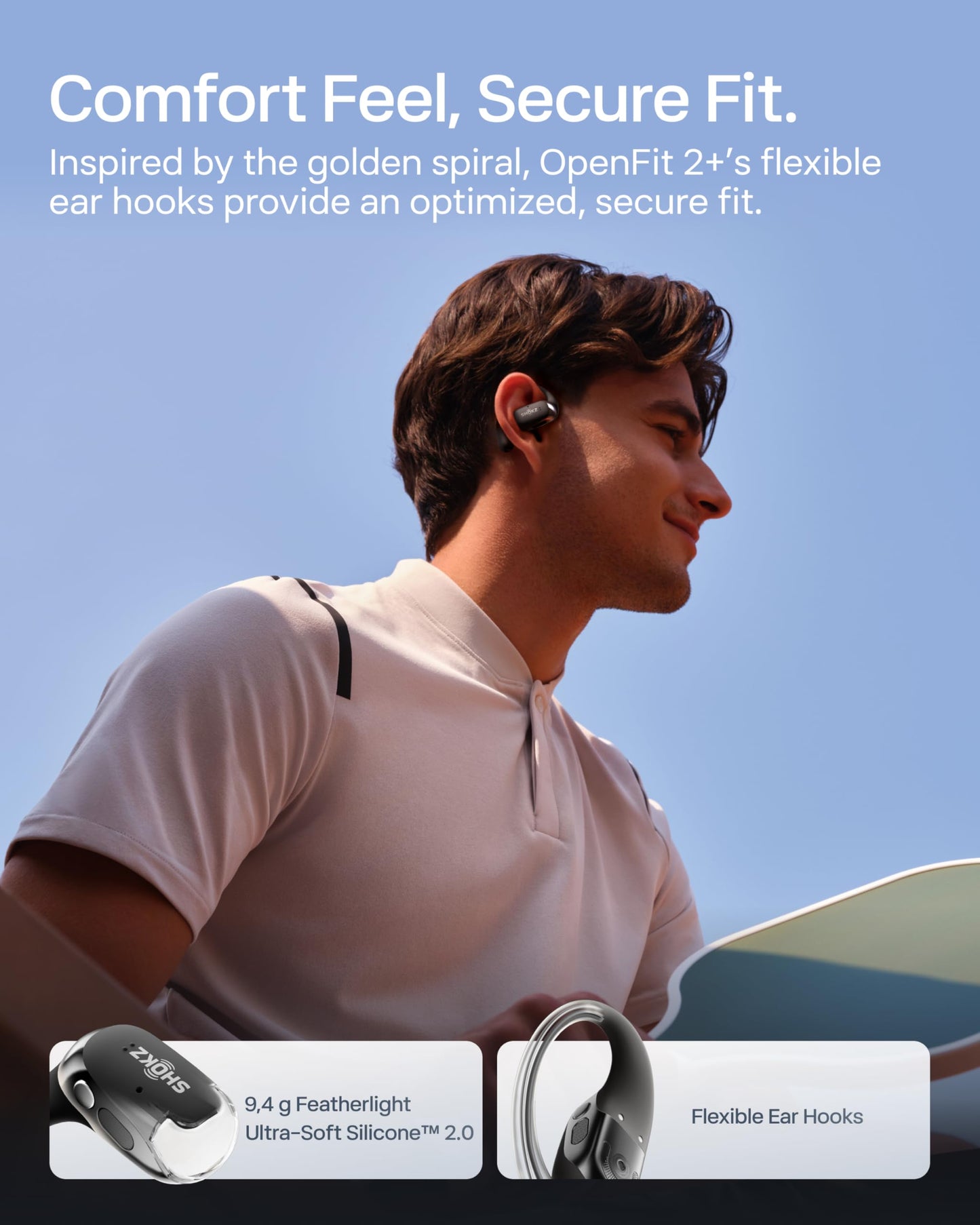 SHOKZ NEW OpenFit 2+ Open-Ear Headphones, Dolby Audio Enabled, Comfortable Earbuds with Soft Ear Hooks, 48H Playtime, IP55 Water-Resistant, USB-C Fast Charging, Wireless Charging, Carrying Bag, Black
