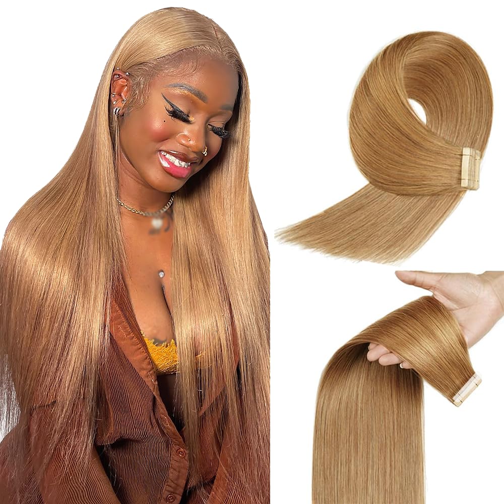 26 Inch Tape In Hair Extensions Color #27 Straight Hair Extensions HuxoWax Double Weft Invisible Honey Blonde VirgIn Soft And Silky Remy Hair