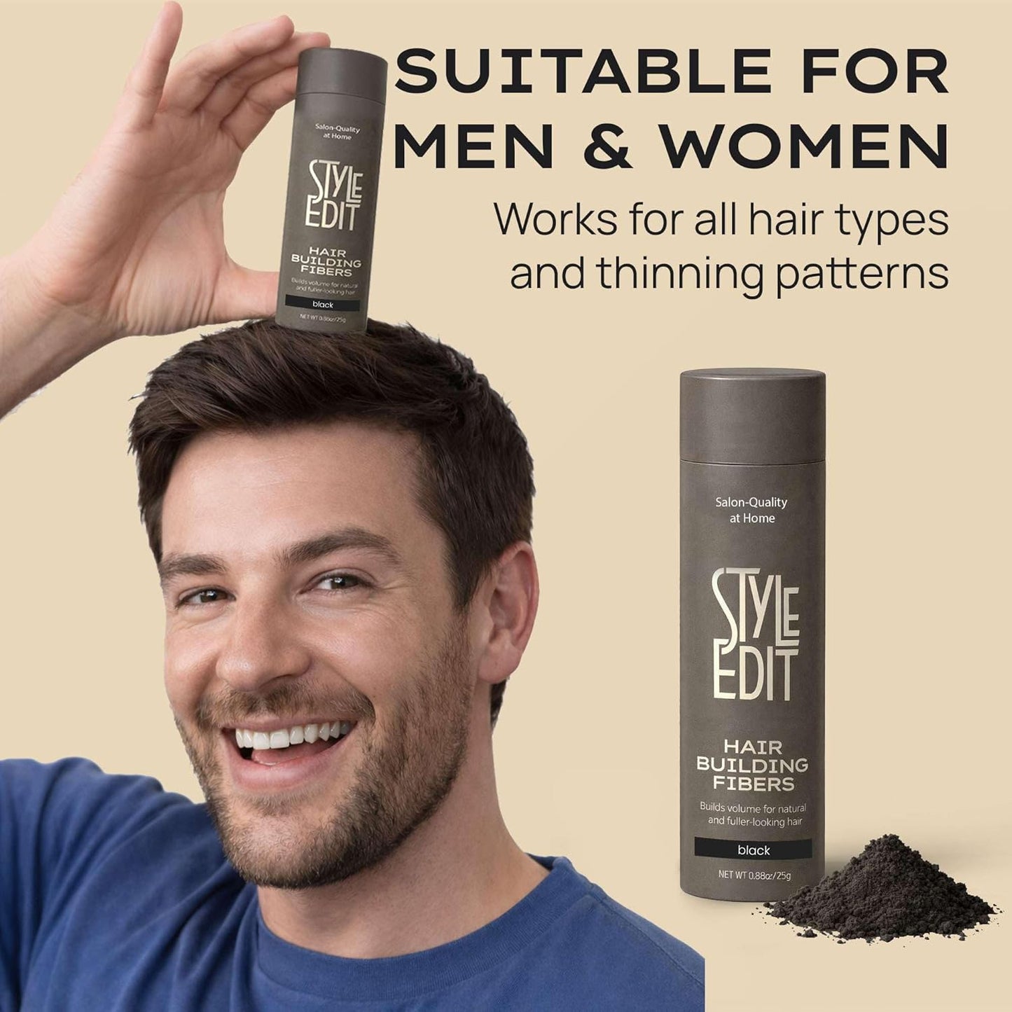 Hair Building Fibers for Thinning Hair - Plant-Based Concealer for Receding Hairlines & Bald Spots | Black 0.88oz