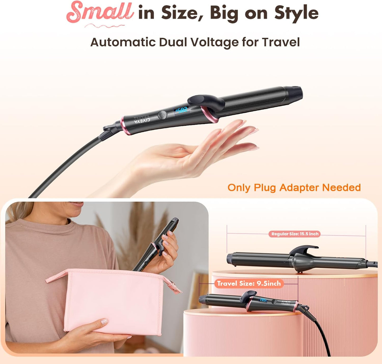CIVEYA Travel Mini Curling Iron - 1 Inch Dual Voltage Ceramic Wand with 5 Adjustable Temps | Fast Heat-Up, Infused with Argan Oil