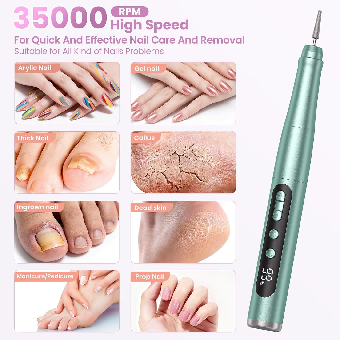 Cordless Nail Drill - 35000RPM Electric Nail File for Acrylic Gel Nails | Rechargeable Manicure Pedicure Kit with LCD Display - Green