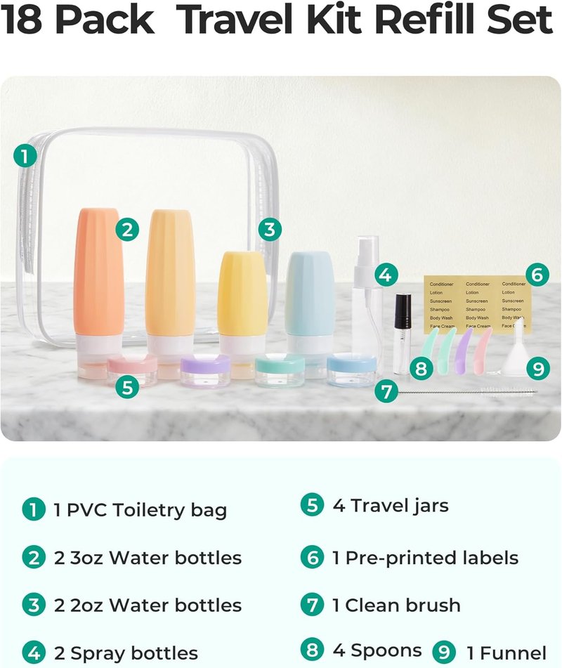 BAGSMART Travel Bottles - 18 Pack TSA Approved Leak-Proof Silicone Toiletry Containers | Purple