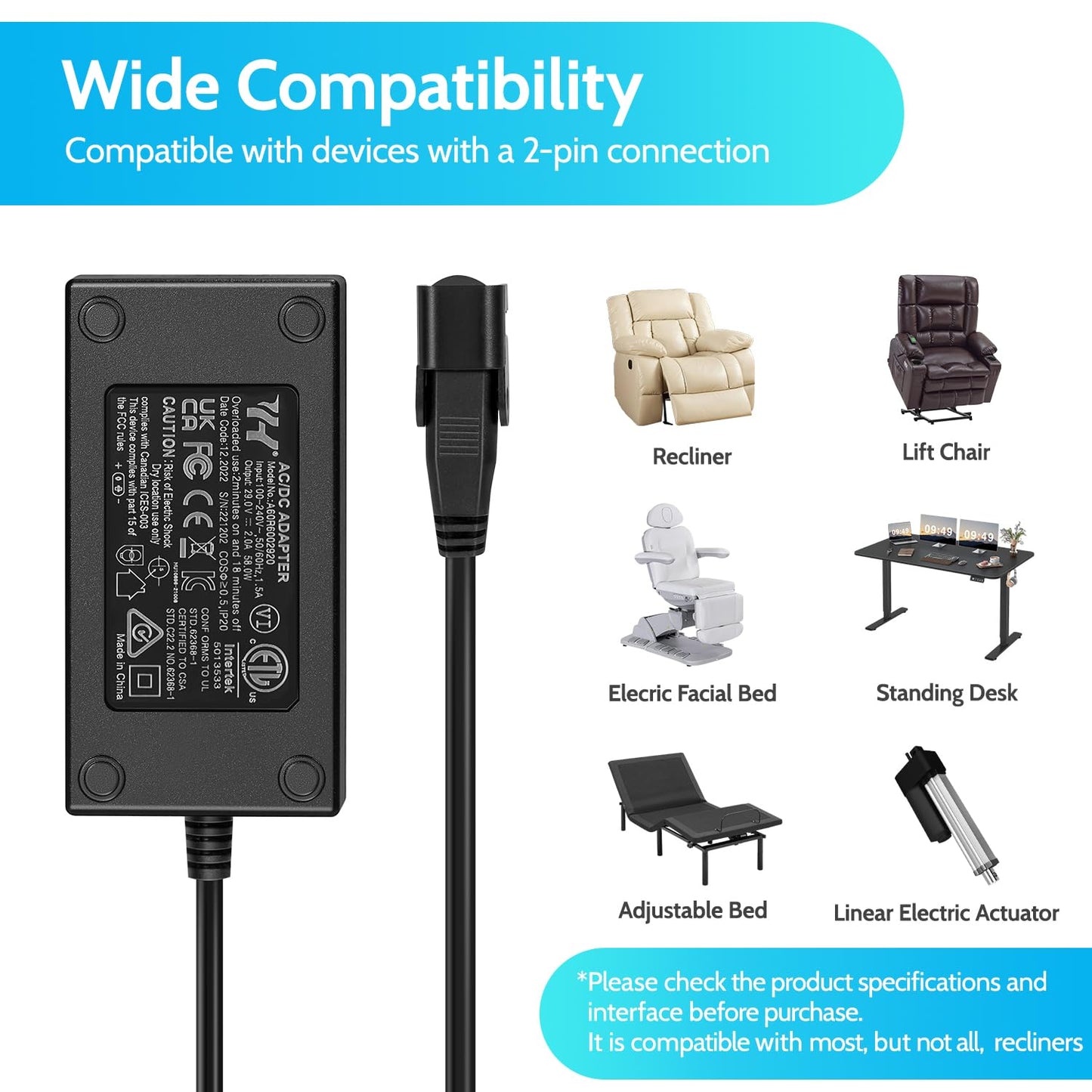 Power Recliner Power Supply, Sopito 2-Pin AC/DC Adapter 100-240V 50/60hz, Quality 29V 2A Switching Transformer, Replacement Part for Recliner Couch/Electric Sofa/Lift Chair/Standing Desk