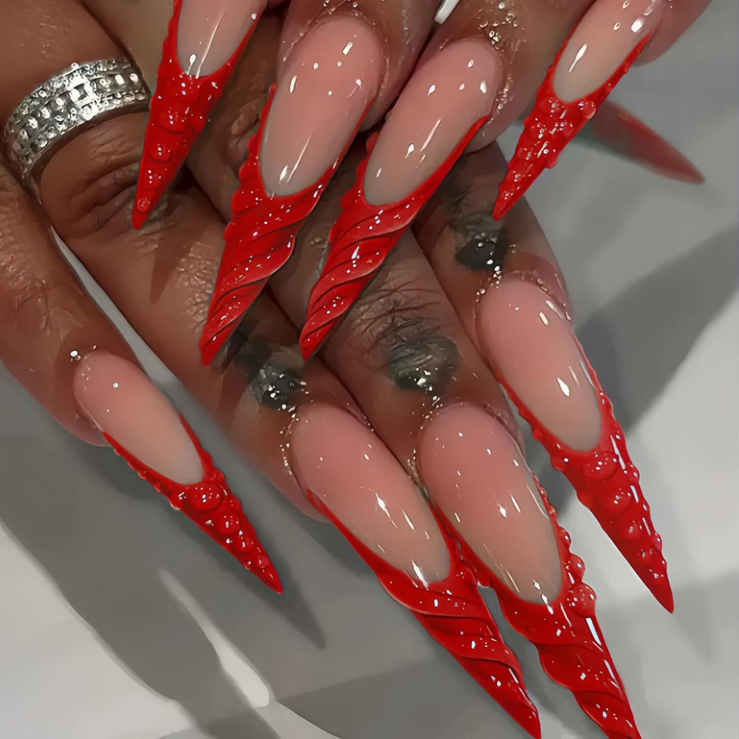 Almond Press-On Nails - Ombre French Tip with Butterfly Designs | 24 Pcs Set for Women