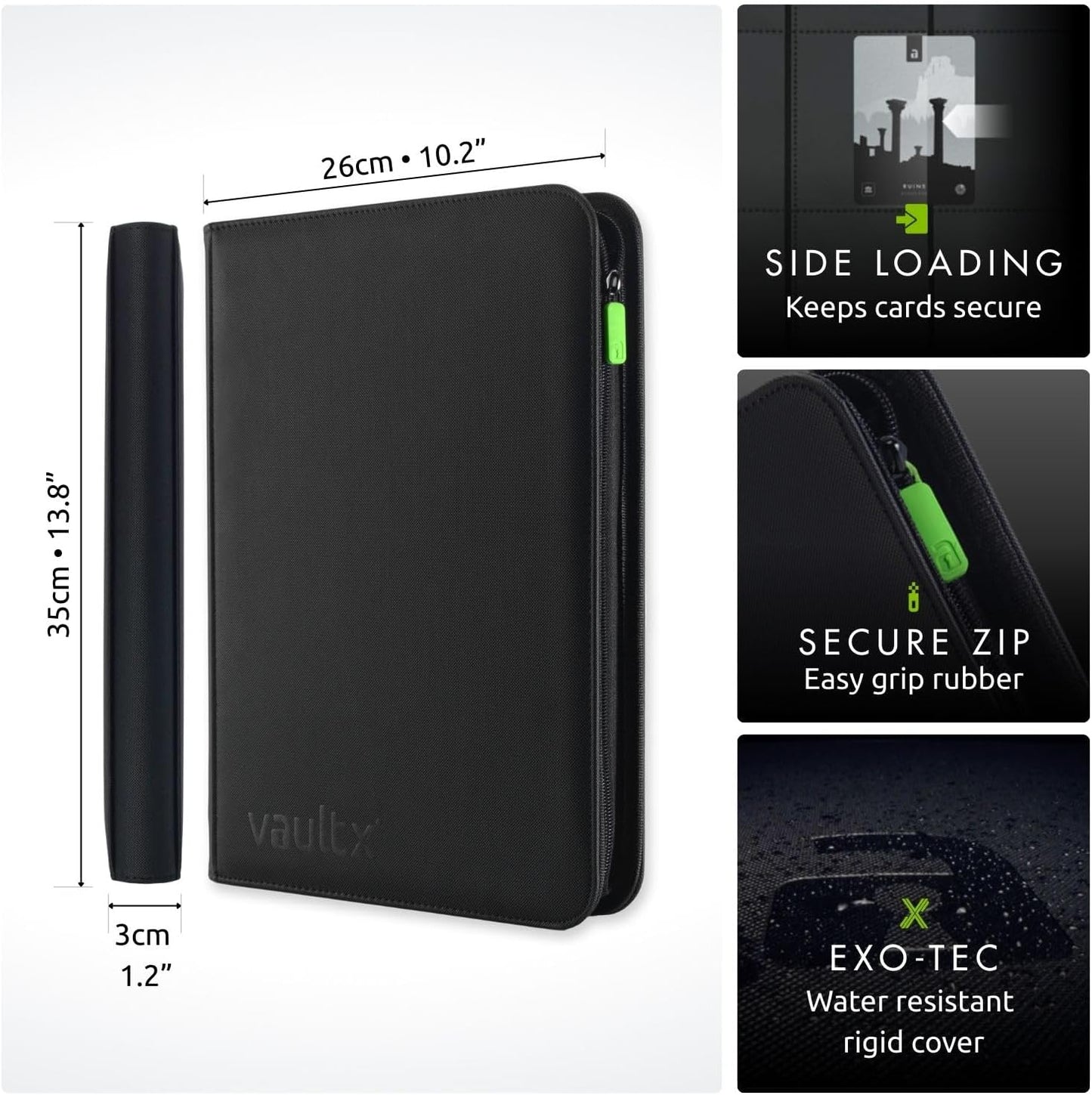 Vault X 9 Pocket Zip Binder - Durable Exo-Tec Material, Holds 360 Cards | Black, 20 Side-Loading Pages