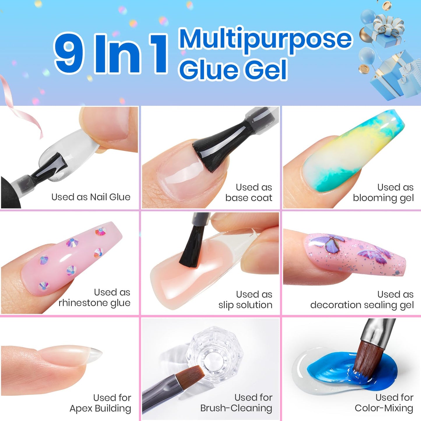 beetles Gel Polish 9 In 1 Gel Nail Glue for Clear Acrylic Nail Tips 2 Pcs 15ml Long Lasting Nail Gel Kit for False Nails Tips, Base Blooming Nail Gel, U V Light Required, Gift for Women