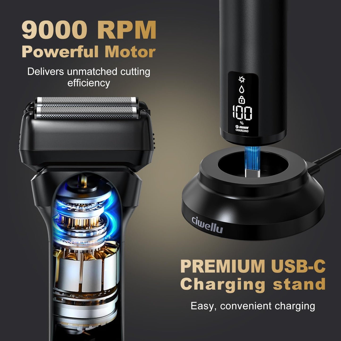 Foil Shaver for Men with Pop-Up Trimmer, 9000 RPM Electric Razor for Men's Face Close Shave, Cordless Wet/Dry Shaver for Sensitive Skin, USB-C Rechargeable &180 Min Runtime,Metal Body, Travel Lock