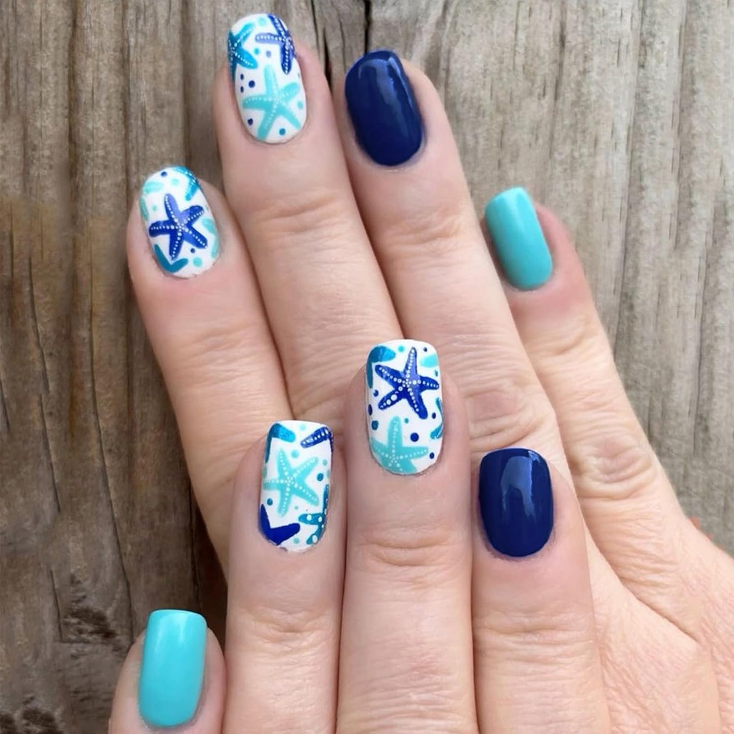 Press On Nails - Short Square Blue Wave Glitter Design | 24 Pcs Glossy Reusable Artificial Nails for Summer