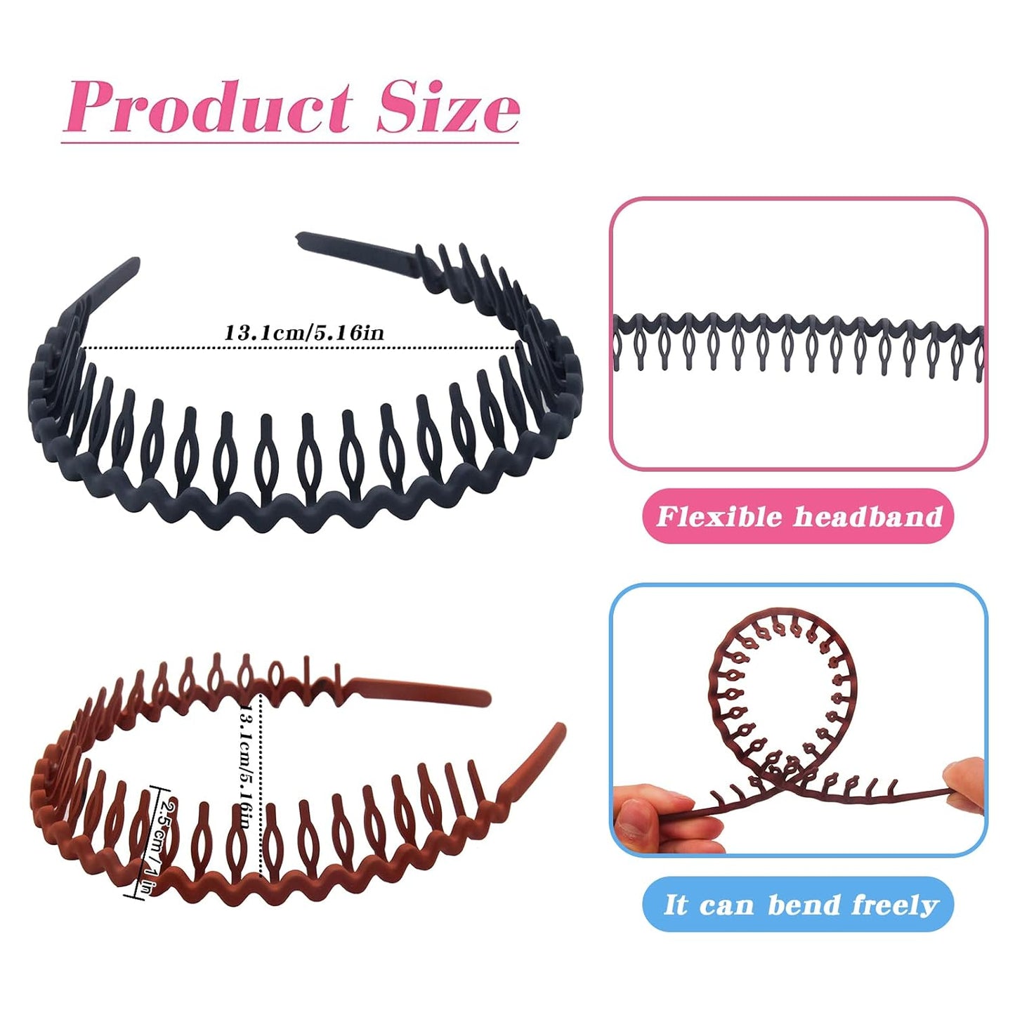 Plastic Wavy Headbands for Women - Non-Slip Thin Hair Bands with Combs | Pack of 6