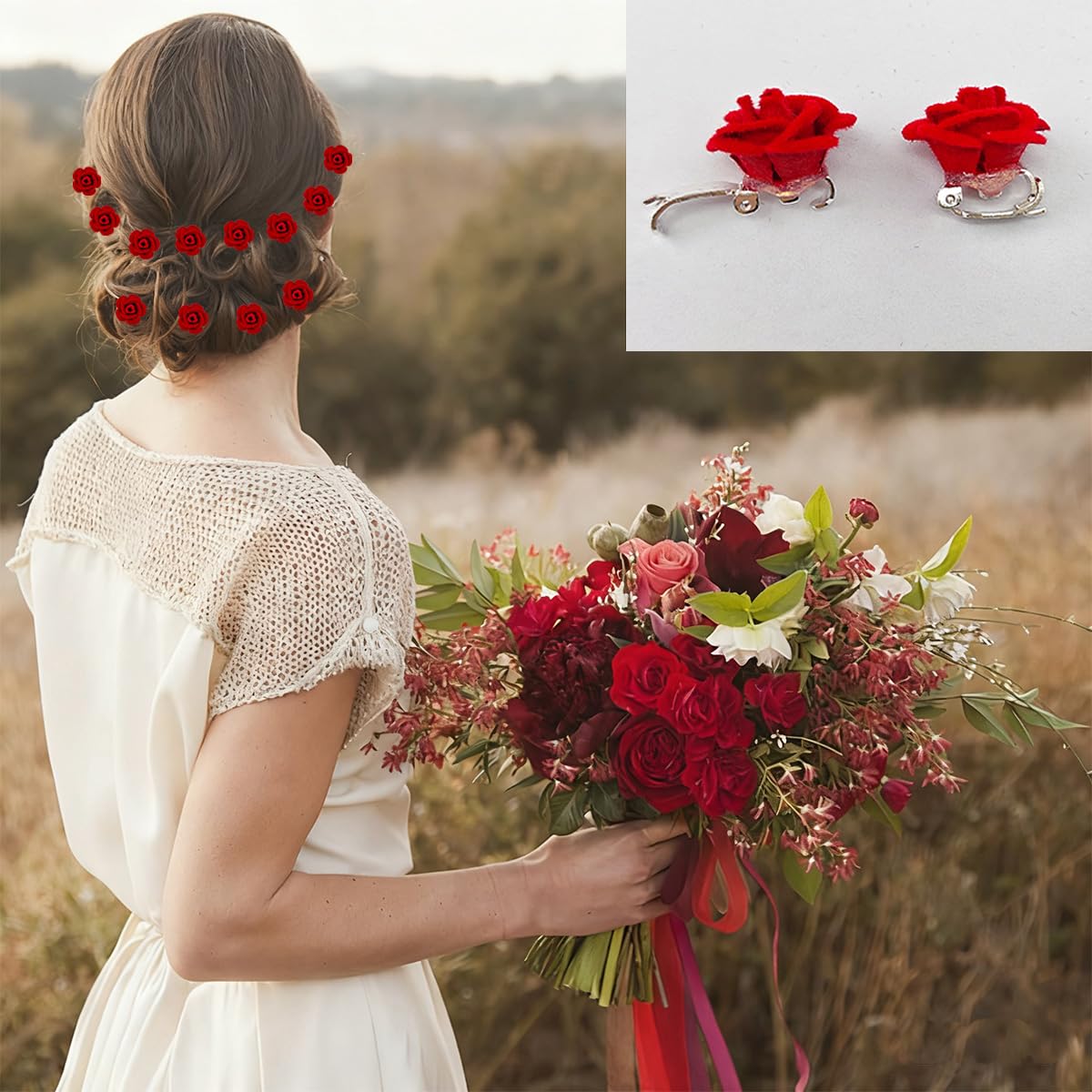 Mini Red Rose Flower Hair Clips - 40 Pcs Cute Floral Hairpins for Weddings, Valentine's Day & Summer