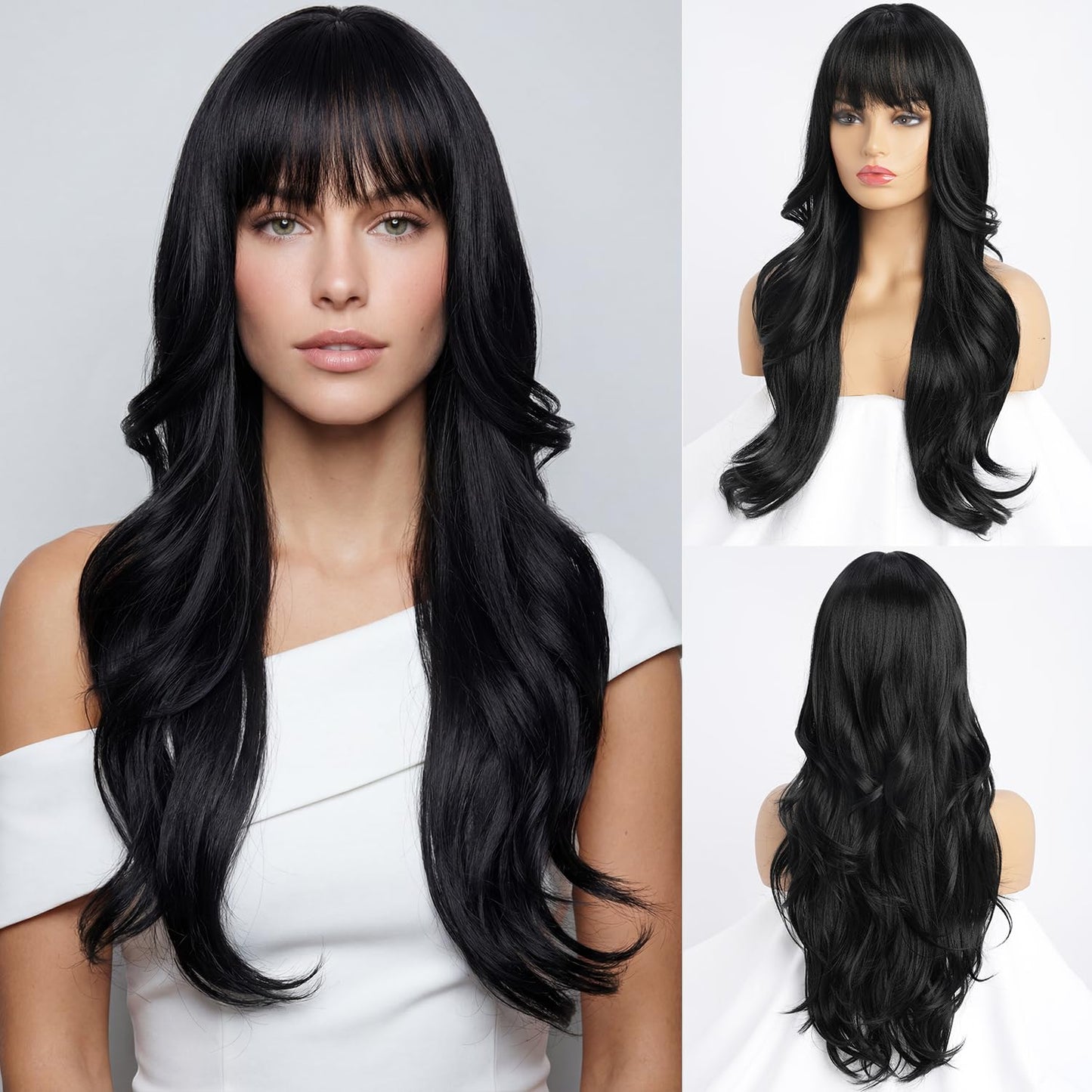Long Black Wig with Bangs - Medium Length Wavy Layered Style | Heat Resistant Synthetic Hair (28 Inches)