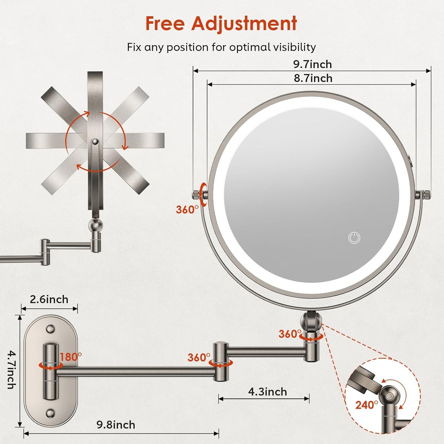 ZLOKLA 9" Wall Mounted Lighted Makeup Mirror - 1X/30X Magnification, Touch Dimmable, 360° Rotation, Rechargeable