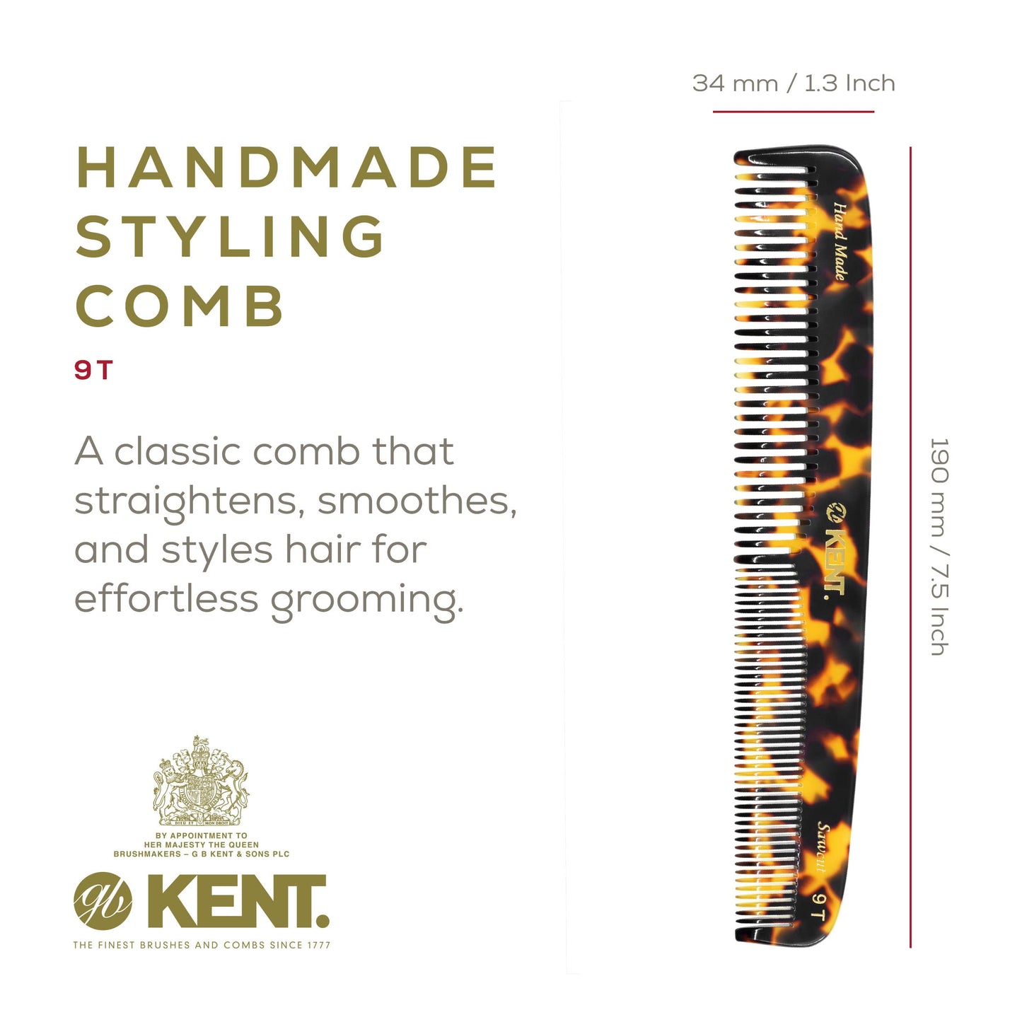 KENT 9T Fine Tooth & Wide Tooth Comb Detangler - Large Handmade Saw-Cut Dressing Comb - Wet/Dry Hair Comb for Women & Men, Made in England (Yellow Tokyo), 1 Count